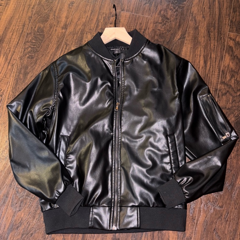 Boohoo Black Leather Bomber Jacket